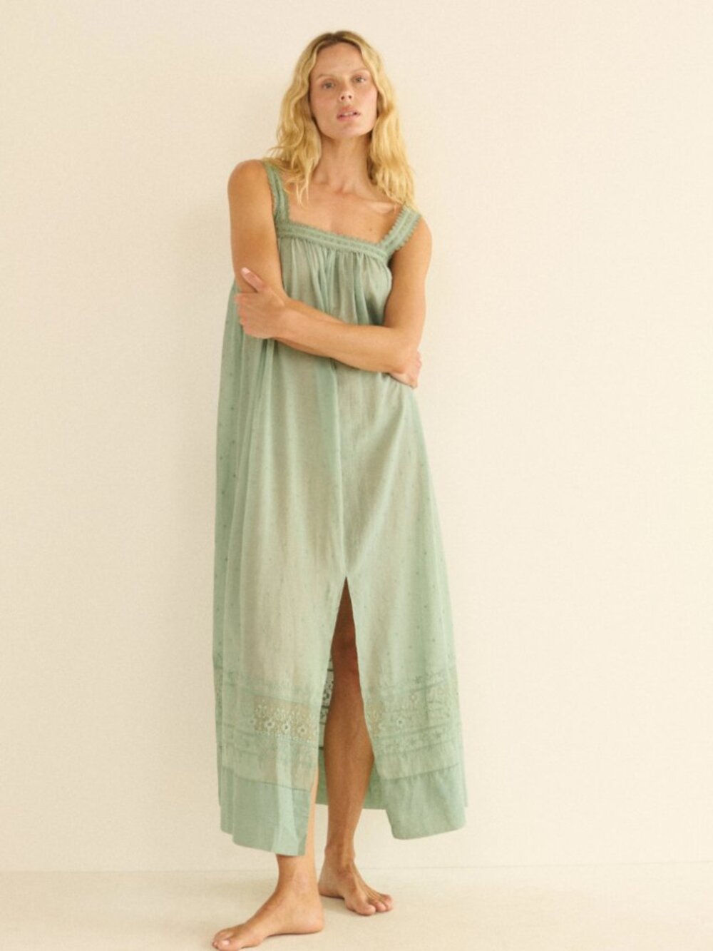 DOEN Elarie dress ALOE green cotton voile RT$398 fairycore embroidered lace NWOT